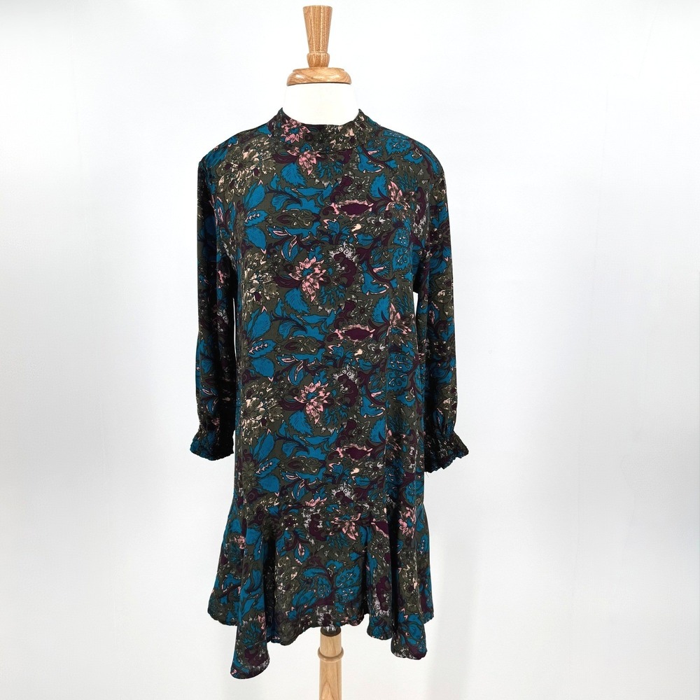 Knot Sisters JoJo Drop Waist Mini Dress Dark Floral Mock Neck Long Sleeve Size L - Picture 3 of 16